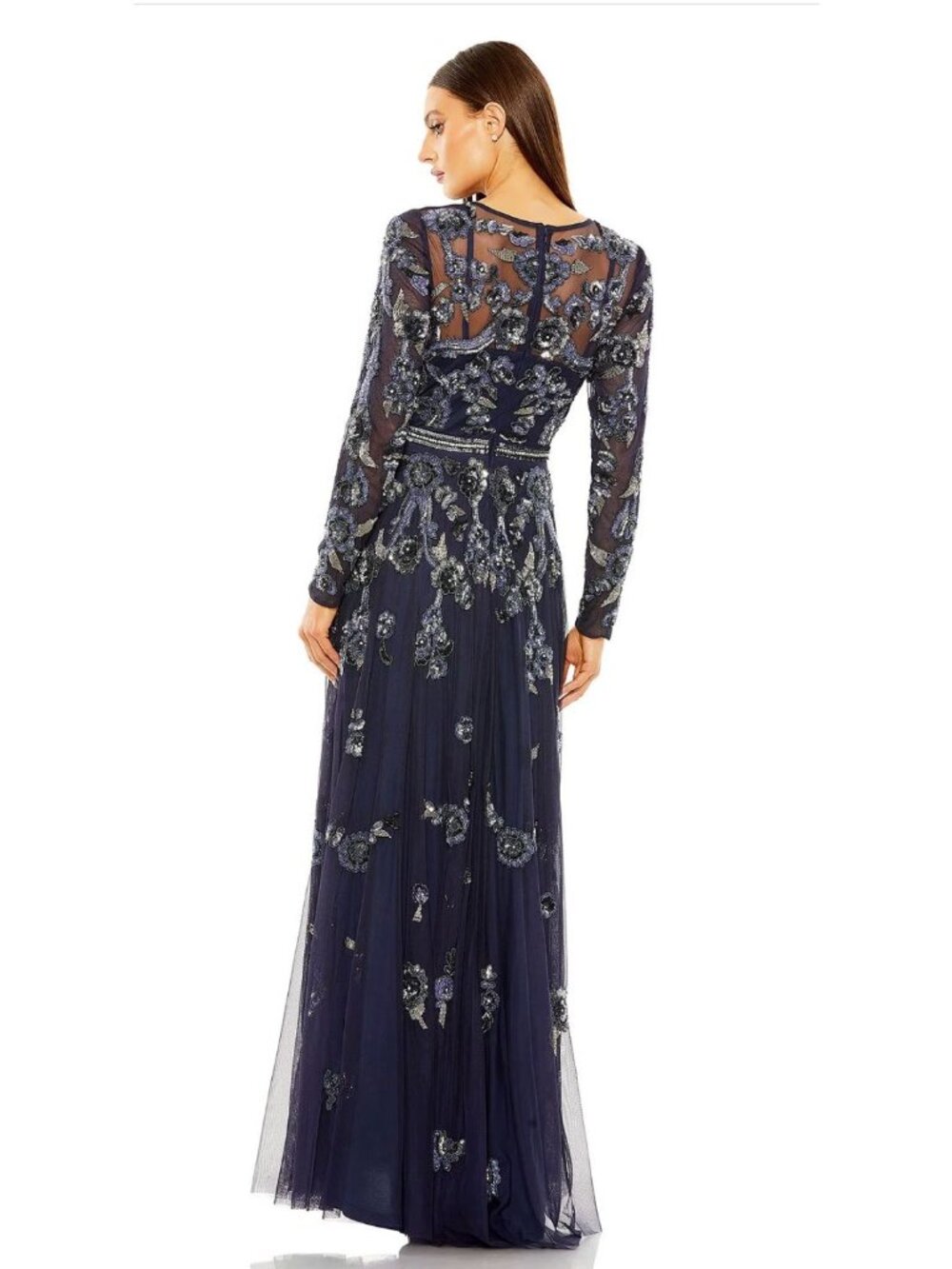 Mac Duggal 10013 Long Sleeve Floral Beaded Embellished Maxi Dress Size 8 Navy - Picture 2 of 5